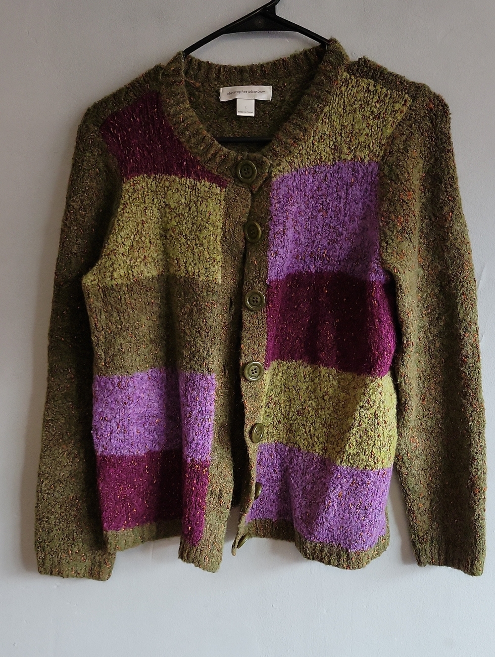 Women's large chunky knit olive green & purple patchwork cardigan sweater
